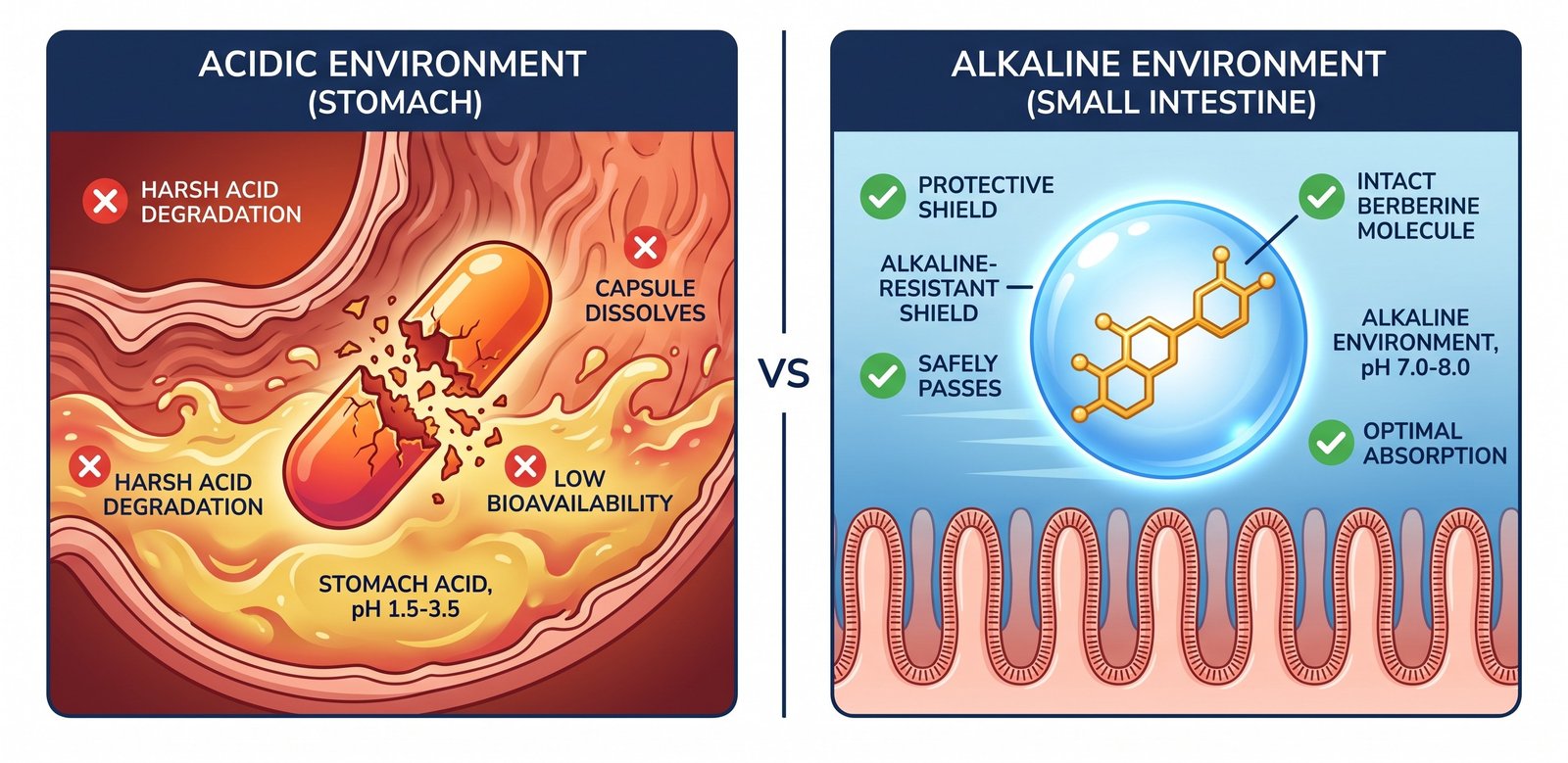 Acid vs Shield - acidic stomach environment destroying capsules vs alkaline shield protecting berberine